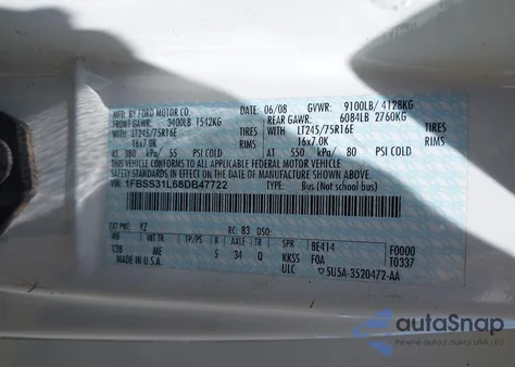 2008 Ford E-350 Super Duty Xl/Xlt из США, поврежденный, VIN 1FBSS31L68DB47722